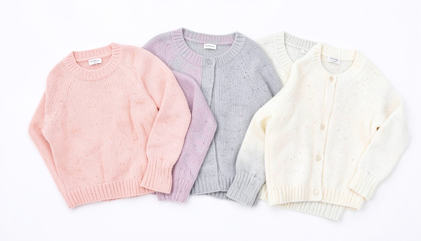 A flat lay of knitted cardigans in soft pastel shades — blush pink, pale grey, and ivory — arranged neatly on a white background