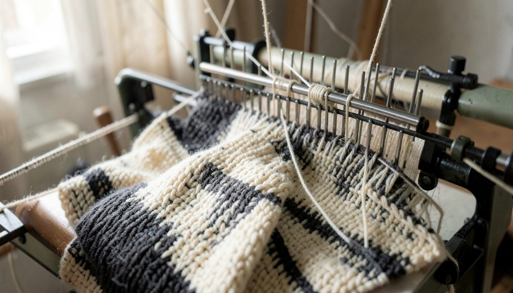 A wide atmospheric shot of knitted fabric being worked on a manual knitting machine, with soft natural light streaming across the workspace