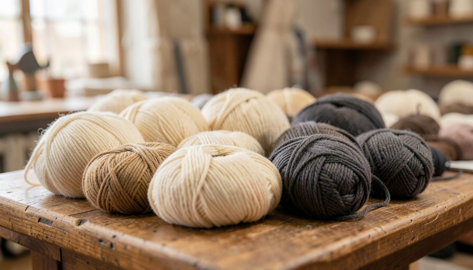 A softly lit textile studio with skeins of natural-toned yarn in cream, oatmeal, and charcoal grey arranged on a wooden surface